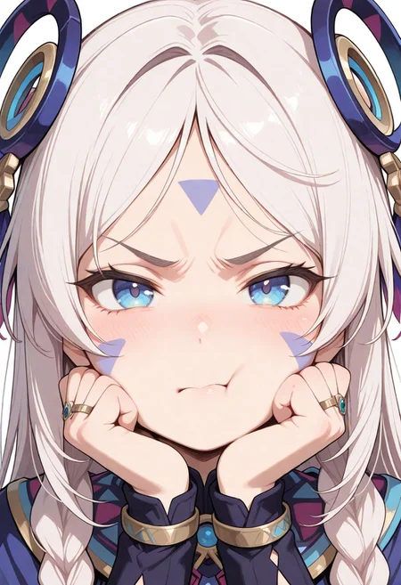 masterpiece, best quality, amazing quality, very aesthetic, flat colors,
1girl, close up portrait, eye focus, long hair,facial mark,blue eyes,twin braids,ring hair ornament, looking at viewer, puffed cheek, annoyed, cute