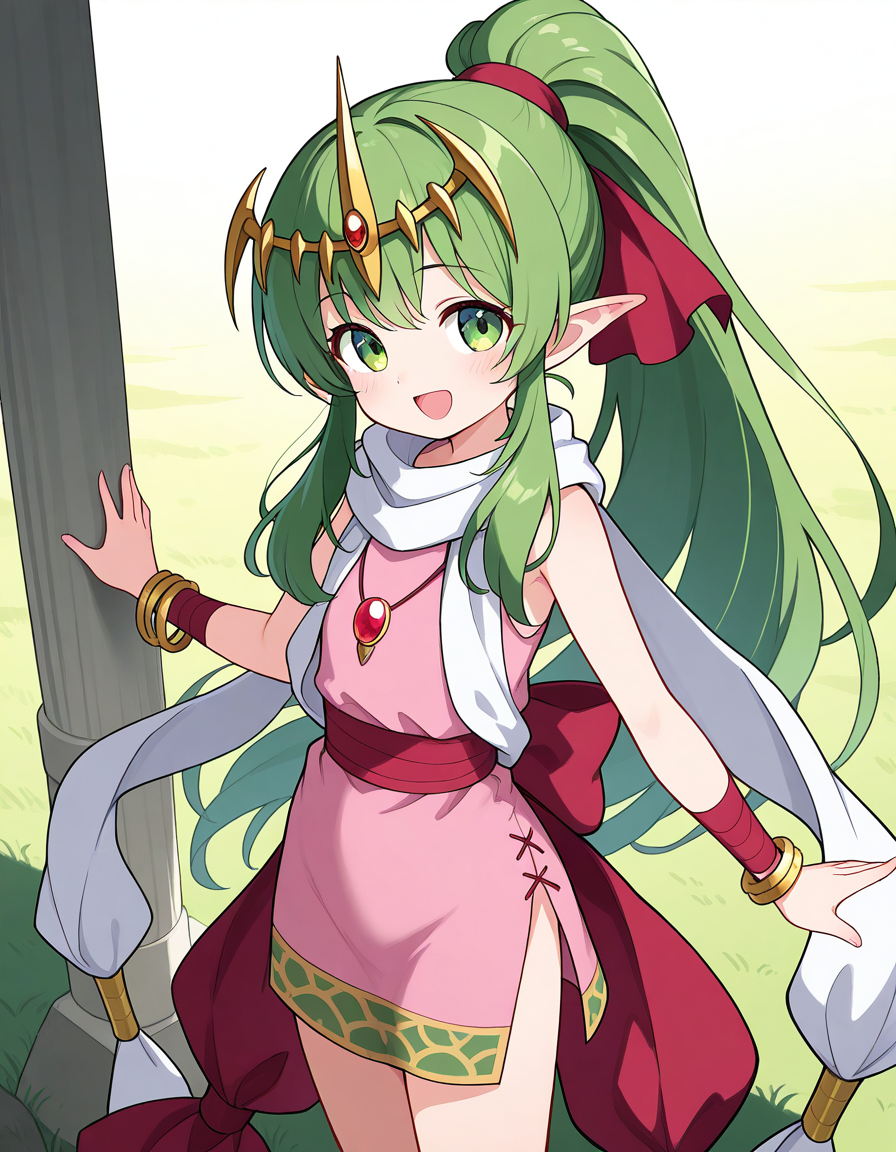 general,highres, ultra-detailed,very aesthetic,best quality ,best hands,  BREAK <lora:Tiki_FE_IS:1>
Tiki, 1girl,solo,  long hair, green hair, pointy ears, ponytail, tiara,red gemstone, green eyes, flat chest, smile, open mouth,
very long hair, hair ribbon, red ribbon, quilted_skirt, print, 
solo, jewelry, dress, bracelet, pink dress, short dress, side slit, stone, ribbon, scarf, sash, sleeveless, looking at viewer, 
grass,