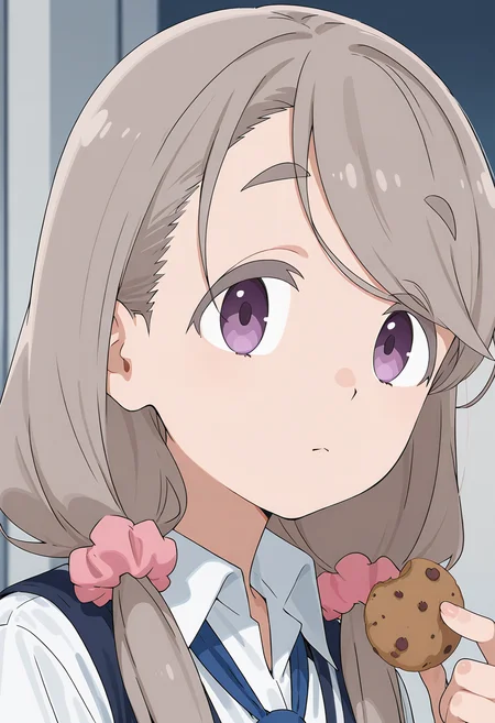 <lora:Shikishima Sakurako_Illustrious-000010:1>,
Shikishima Sakurako,pink scrunchie,solo,hair scrunchie,food,cookie,looking at viewer,holding food,white shirt,shirt,holding,portrait,closed mouth,collared shirt,thick eyebrows,upper body