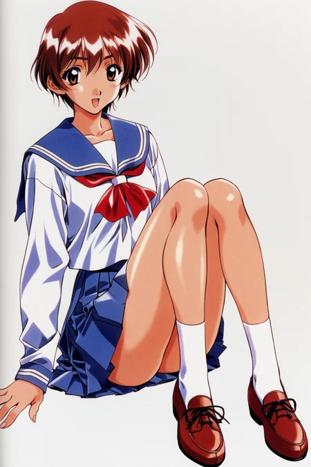 Yuu Nanase,1girl,sitting,school uniform,solo,short hair,skirt,pleated skirt,socks,brown eyes,shoes,red hair,simple background,open mouth,serafuku,long sleeves,retro artstyle,white background,full body,smile,1990s \(style\),brown hair,white socks,<lora:Mizutani Tooru_XL:0.8>,