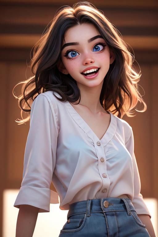 pretty girl, (18 years old, young:1.2), shortstack, narrow hips, perfect eyes, beautiful eyes, perfect lips, perfect teeth, open mouth, laughing, masterpiece, highest quality, high res, high def, absurdres, 8k, high detail, realistic, photo realistic, (looking away, looking aside, candid:1.3),