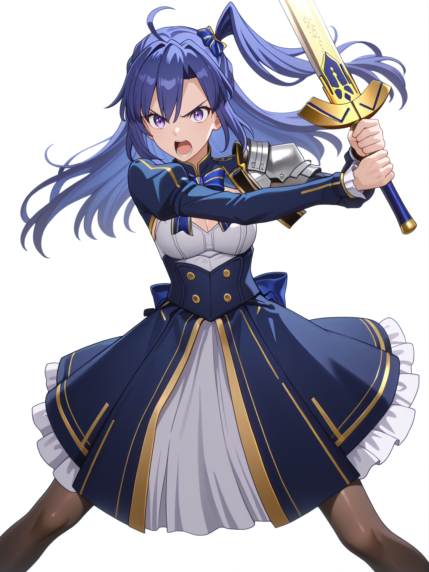 masterpiece, best quality, amazing quality, very aesthetic, absurdres, newest,shiny skin, <lora:anime_screencap:1> anime screencap, anime coloring ,  <lora:SabrHonkaiStarRail:1>saberhsr, pantyhose, dress, , blue dress, long sleeves, bow, single pauldron,  <lora:KazanariTsubasaILUST:1>long hair, blue hair, one side up, 1girl, solo, purple eyes excalibur \(fate/stay night\),  holding sword, open mouth,  simple background,  white background,