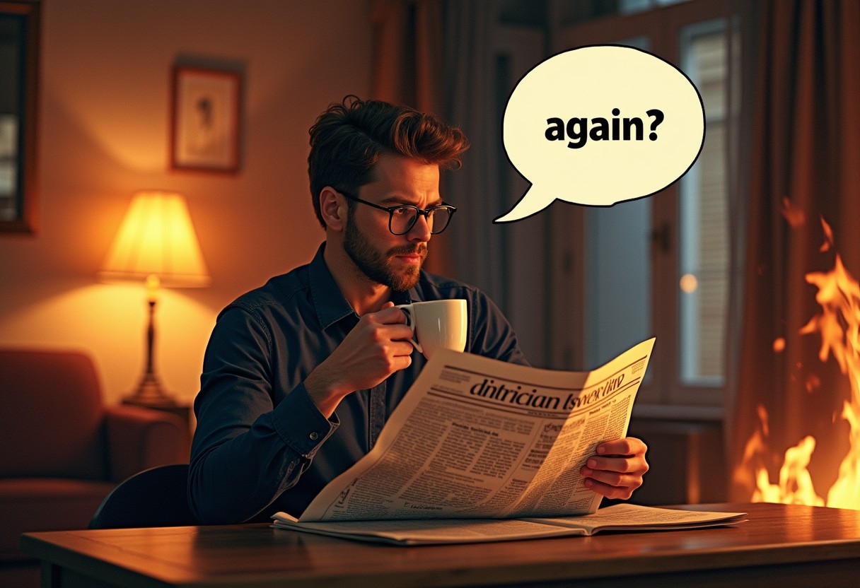 a man with a newspaper drinks coffee in a burning house, distracted from reading the newspaper, a monologue bubble with the text "again?"