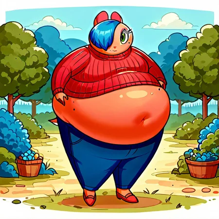 score_9, score_8_up, score_7_up, Shebbs, Maydine, Blue Hair, Hair Covering one eye, Red Sweater, Pants, Makeup, beauty mark, outside, Belly