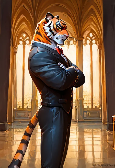 1boy, tiger, Oscar, anthro, male, furry,partial side view, looking at viewer, detailed eyes, (((crossed arms, standing, annoyed expression))),(Oscar,:1.2), 5 fingers, dark palms, indoors, mansion interior, (high quality:0.8), digital art, 16-token-negative-deliberate, tiger, orange fur, white fur, furry male, perfection style, perfection, perfect, score_9, score_8_up, score_7_up, ng_deepnegative_v1_75t, ((clothed, suit, tuxedo), muscular, bara, perfecteyes