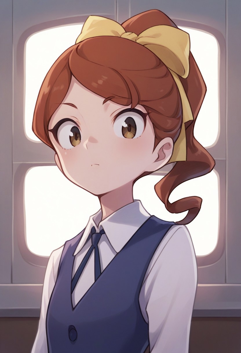 score_9, score_8_up, score_7_up, source_anime, highly detailed, multiple boys,
hannah, 1girl, solo, luna nova school uniform, school uniform, ponytail, looking at viewer, upper body, brown hair, brown eyes, white shirt, hair bow, shirt, ribbon, bow, long sleeves, vest, blue vest, yellow bow, yellow ribbon,
indoor, window, curtains