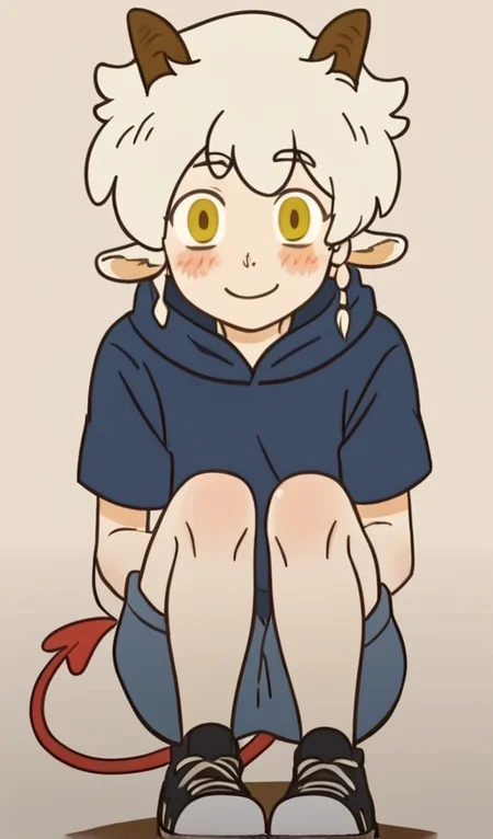 score_9, 1boy, solo, animal ears, horns, white hair, male focus, yellow eyes, braid, short hair, happy, smile, blush, looking at viewer, full body, shoes, devil tail, <lora:Neil_Bowman:1>