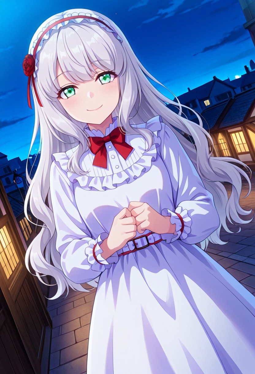 general,highres, ultra-detailed,very aesthetic,best quality ,best hands,best eyes,easynegative,
dynamic anglre, dutch angle, anime cloring,
1girl, solo,looking at viewer, looking at viewer, standing,night,town,smile,
Merry san,silver hair, long_hair wavy hair,hairband, green_eyes, short body,dress,