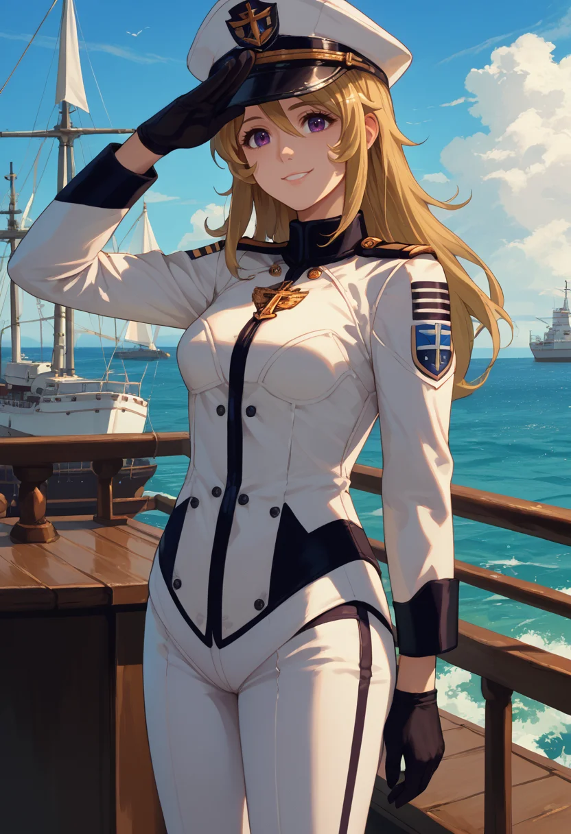 score_9, score_8_up, score_7_up, source_anime, solo, 1girl, mori yuki, smile, looking at viewer, standing, salute, blonde hair, white headwear, peaked cap, purple eyes, military uniform, naval uniform, white jacket, medal, long sleeves, black gloves, white pants, outdoors, ship <lora:spacebattleship_yukimori_ponyXL:1>