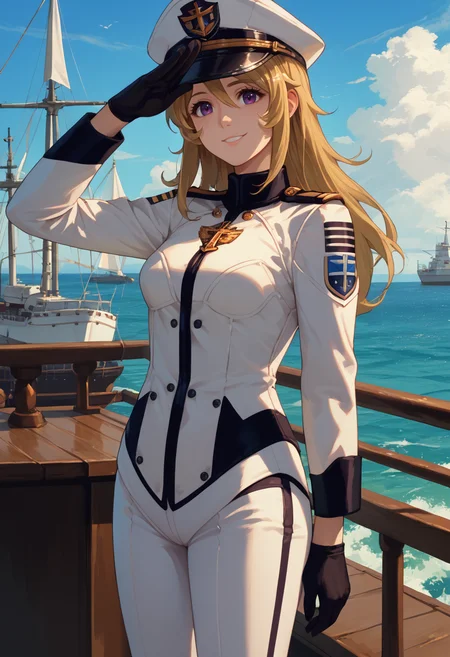 score_9, score_8_up, score_7_up, source_anime, solo, 1girl, mori yuki, smile, looking at viewer, standing, salute, blonde hair, white headwear, peaked cap, purple eyes, military uniform, naval uniform, white jacket, medal, long sleeves, black gloves, white pants, outdoors, ship <lora:spacebattleship_yukimori_ponyXL:1>