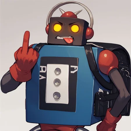 score_9, score_8_up, score_7_up, best quality, 5_fingers
gradient background
1boy, solo, no humans, mecha, robot, red gloves, backpack, yellow eyes, glowing eyes, tongue out, wide eyes, angry, middle finger, headphones, robot ears, portrait