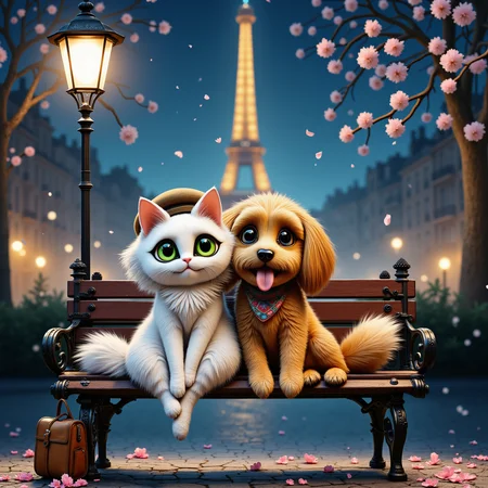 In the heart of Paris, under the soft glow of a streetlamp, a charming illustration captures a whimsical moment of friendship between a fluffy, wide-eyed cat and an exuberant, floppy-eared dog seated together on an ornate park bench. The cat, with its delicate white fur and tiny beret, sits gracefully, its green eyes reflecting the enchanting lights of the surrounding cityscape. Beside it, the dog, a golden retriever with a plaid bandana around its neck, sits slightly askew, its tongue playfully lolling as it leans affectionately against its feline companion. The backdrop features the iconic Eiffel Tower, gently illuminated against the night sky, while softly falling cherry blossoms add a dreamlike quality to this idyllic scene, illustrating a perfect moment of peace and companionship amid the bustle of Paris.
