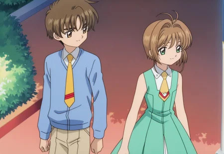 masterpiece, absurdres, highres, (anime screencap:2, anime coloring:2), official art, accurate art style, very aesthetic, flat colors, official screencap, style parody, proper proportions, CCS_Character-Pack, CCS_Clear Card, cardcaptor sakura movie 1, BREAK, 1girl, sakura kinomoto, brown hair, short hair, bangs, antenna hair, hair intakes, green eyes, sleeveless, dress, sleeveless dress, green dress, necktie, collared dress, yellow necktie, looking at side, BREAK, 1boy, syaoran li, brown hair, short hair, bangs, thick eyebrows, yellowish brown eyes, blue sweatshirt, brown pants, warm smile, standing, BREAK, hetero, couple, BREAK, detailed background, outdoors, downtown, BREAK, cowboy shot, BREAK, vibrant colors, bloom, vignette, cinematic lighting, 75% soft lighting, 25% dark lighting