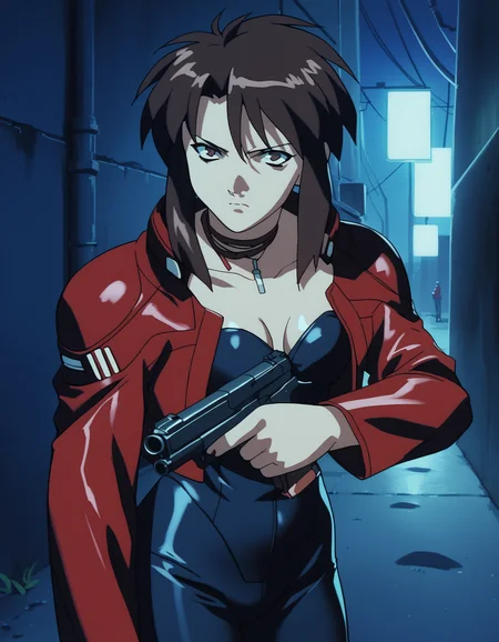 score_9, score_8_up, score_7_up, source_anime, <lora:priss-v3-ponyxl-000005:1> 1girl, solo, priss, brown eyes, ribbon choker, cropped jacket, red jacket, bodysuit, serious, holding gun, trigger discipline, night, alley, city, cyberpunk