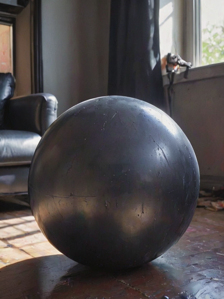 wrnoultx, painting, a rubber ball dog inside a cozy latex living room, deep shadows, sunny, <lora:- SDXL - wrnoultx_rubber_coating_V1.0:.8> <lora:- SDXL - n-eeyblch_eye_bleach_V1.0:0.8> n-eeyblch