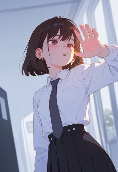 blushing, asian girl, small head, pretty girl, korean girl,
((slim body)), (small breasts), Dynamic angle, Dynamic pose, realistic,
ear piercings, Nswf, , portrait, ,, 
 zPDXL3, detailxl,  Score_PnyReal, (lineless:1.5) , 
8K, best quality,masterpiece,amazing quality,ultra-detailed,delicate illustration, best shadows, very detailed, scenery, depth of field, volumetric,  cinematic perspective, hyper-realistic, masterpiece, best quality, amazing quality, highly detailed, very aesthetic, newest) , half close-up, sexy pose,, ,,,
masterpiece, best quality, }, {1girl, white shirts, necktie, skirt,, realistic,, sketch}, {{{{cigarette}}}},