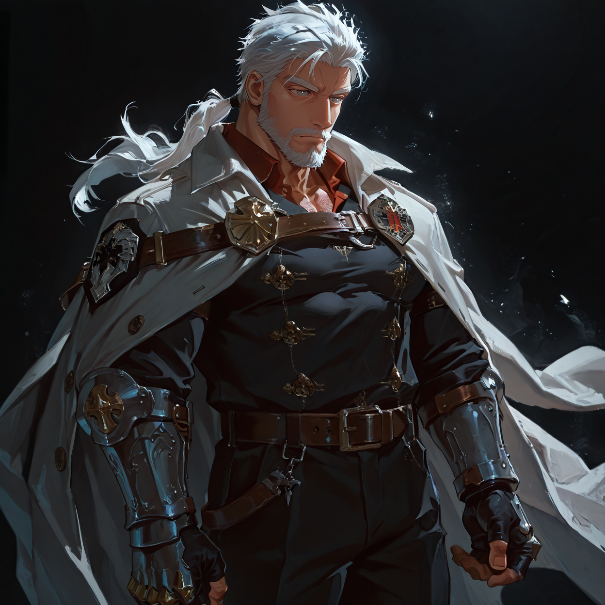 <lora:Ren__Alchemist_Code-000005:.7>, tagatameren, ren_white hair, ren_grey eyes, 1boy, ponytail, solo, male focus, manly, bara, muscle body, mature male, belt, emblem, cape, coat, collared shirt, fingerless gloves, pants, boots, armored gloves
{upper body|cowboy shot}, 
(very short hair), male focus, muscular male, large pectorals, muscular male, bara, mature, (hairy body, hairy, body hair, arm hair, leg hair, hairy body, glossy skin, bara, mature, facial hair, beard, full beard, sideburn, mustache, stubble), facial hair, bara, mature, body hair, aixiwuganda_(20222192), very awa, masterpiece, best quality, absurdres, newest, perfect quality, detailed background, intricate details,<lora:slider_Body Type_alpha1.0_rank4_noxattn_last:2><lora:Anime Summer Days 2 Style SDXL_LoRA_Pony Diffusion V6 XL:.6><lora:merged:.7>, DARK, DARK BACKGROUND, LOW-KEY LIGHTING <lora:slider_cfg_scale_boost:.7><lora:Artist6p:.55>, Artist6p, Artist04p,<lora:slider_il_brightness_slider_d1:-.5><lora:slider_il_contrast_slider_d1:-.25>,<lora:slider_contract_controller_illus01_v1:.3>, <lora:addon_illustriousXLv01_stabilizer_v1.121:.5>,<lora:slider_DarkSlider1.2_alpha1.0_rank16_full_300steps:-.2><lora:Heavenly_Beauty_r1:1>, (heavenlybeauty,)<lora:slider_style_strength_controller_illus01_v1:.25>