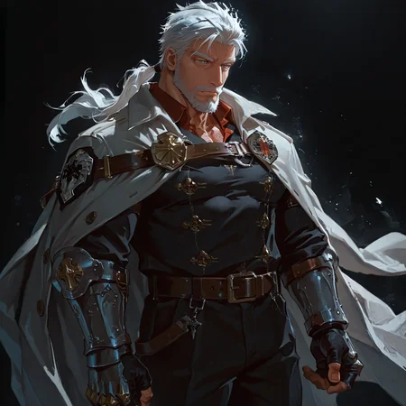 <lora:Ren__Alchemist_Code-000005:.7>, tagatameren, ren_white hair, ren_grey eyes, 1boy, ponytail, solo, male focus, manly, bara, muscle body, mature male, belt, emblem, cape, coat, collared shirt, fingerless gloves, pants, boots, armored gloves
{upper body|cowboy shot}, 
(very short hair), male focus, muscular male, large pectorals, muscular male, bara, mature, (hairy body, hairy, body hair, arm hair, leg hair, hairy body, glossy skin, bara, mature, facial hair, beard, full beard, sideburn, mustache, stubble), facial hair, bara, mature, body hair, aixiwuganda_(20222192), very awa, masterpiece, best quality, absurdres, newest, perfect quality, detailed background, intricate details,<lora:slider_Body Type_alpha1.0_rank4_noxattn_last:2><lora:Anime Summer Days 2 Style SDXL_LoRA_Pony Diffusion V6 XL:.6><lora:merged:.7>, DARK, DARK BACKGROUND, LOW-KEY LIGHTING <lora:slider_cfg_scale_boost:.7><lora:Artist6p:.55>, Artist6p, Artist04p,<lora:slider_il_brightness_slider_d1:-.5><lora:slider_il_contrast_slider_d1:-.25>,<lora:slider_contract_controller_illus01_v1:.3>, <lora:addon_illustriousXLv01_stabilizer_v1.121:.5>,<lora:slider_DarkSlider1.2_alpha1.0_rank16_full_300steps:-.2><lora:Heavenly_Beauty_r1:1>, (heavenlybeauty,)<lora:slider_style_strength_controller_illus01_v1:.25>