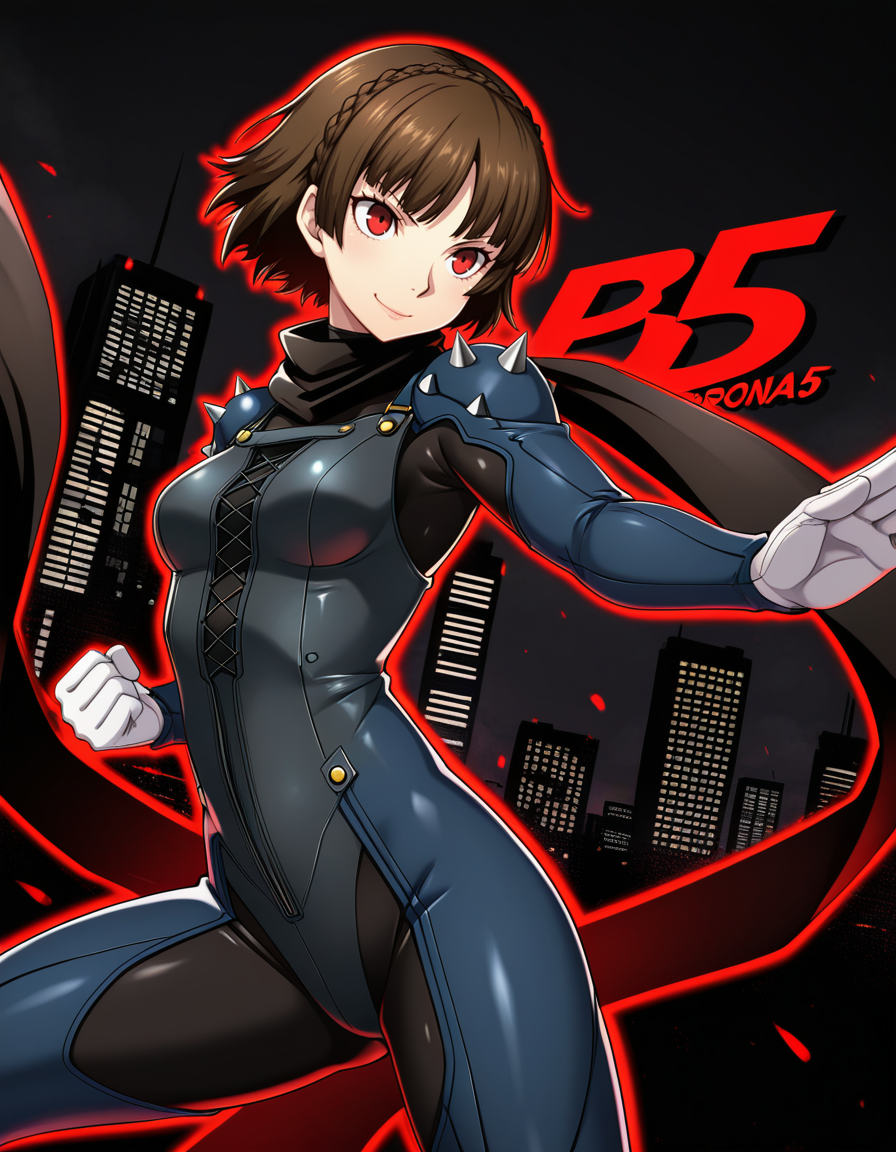 (3nnu1),  <lora:1_illu_ennui_18e:1>, 1girl, Niijima Makoto, Persona 5, cowboy shot, brown hair, red eyes, crown braid, blue bodysuit, scarf, shoulder spikes, smile, closed mouth, short hair, small breasts, fighting stance, Tokyo, red and black background, city, (masterpiece, best quality, amazing quality),