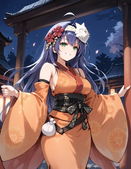 score_9, score_8_up, score_7_up, score_6_up, BREAK source_anime, best quality, masterpiece,
1girl,<lora:yukata miaPonyXL:0.8>,yukata mia,hairband,mask on head,hair ornament,orange kimono,detached sleeves,sash,pouch,cowboy shot,standing,smile,looking at viewer,shrine,night