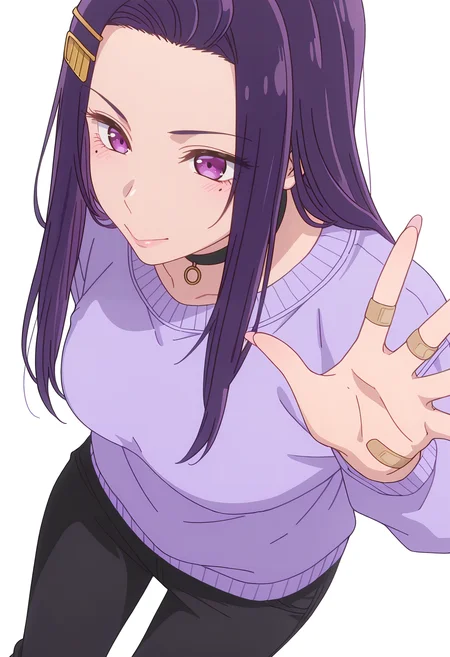Smooth Quality,masterpiece,beautiful aesthetic, very intricate, high quality details, ultra realistic, high detailed skin,
simple background, white background,
dynamic angle,spread fingers,:>=,
pants,,pullover,,Bandaid on hand, <lora:Akino_Sayuricnn:0.8> sayuri/cnn, purple hair, long hair, 1girl, hairclip, mole under eye, choker,