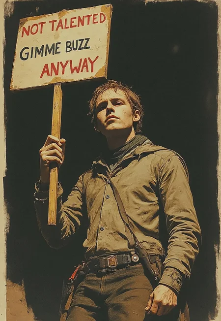 A page from a vintage revolutionary underground art magazine, surreal, provocative, a starving artist holds a sign reading "not talented" "Gimme buzz" "anyway"