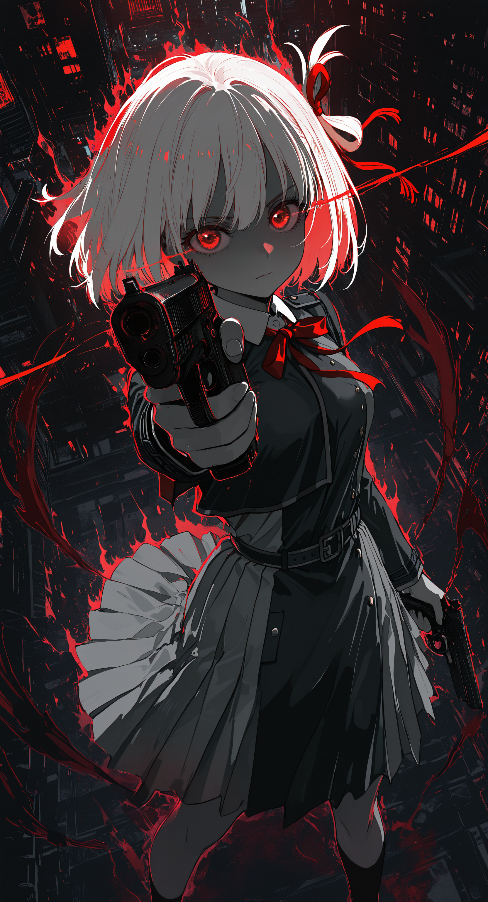 masterpiece, best quality, good quality, very awa, newest, highres, absurdres, nishikigi chisato, 1girl, solo, looking at viewer, short hair, shirt, long sleeves, red eyes, dress, holding, ribbon, closed mouth, standing, white hair, hair ribbon, weapon, collared shirt, socks, belt, holding weapon, red ribbon, gun, neck ribbon, glowing, holding gun, building, glowing eyes, handgun, serious, pleated dress, grey dress, two-tone dress, aura, aiming, aiming at viewer, light trail, lycoris uniform, eye trail, m1911,
High Angle, limited palette, <lora:illustriousXL_stabilizer_v1.23:0.3> <lora:NOOB_vp1_detailer_by_volnovik_v1:0.3> <lora:ponyv6_noobE11_2_adamW-000017:0.3> <lora:114558v4df2fsdf5:0.6> <lora:XXX667:0.4> <lora:mon_monmon2133:0.5>