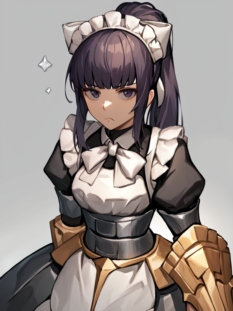 score_9,score_8_up,score_7_up,olo,<lora:overlord:1>,simple_background, frown, narberal_gamma, looking_at_viewer, 1girl, maid_headdress, bad_pixiv_id, solo, white_background, cross, highres, bad_id, armored_dress
