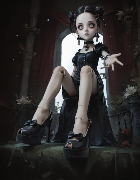 score_9, score_8_up, score_7_up, score_6_up, score_5_up, score_4_up,
1girl, goth, black dress, black hair,
doll, ball joints, long legs, expressionless,
knees to chest, sitting, knees up,
(outstretched arm:1.2), (reaching toward viewer:1.2),
indoors, school,
(from below), (from side:1.25), foot focus,
(wide angle:1.2), (fisheye lens:1.5), (foreshortening:1.3),
night, dark, dark background, Low-key lighting,
light particles,
(r3w1nd heels:1.2),
dontstarvestyle, blank eyes,
embedding:zPDXL2 ,