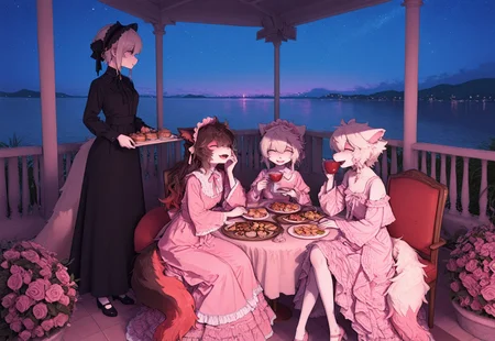 aakkuroyuki, masterpiece, best quality, very aesthetic, absurdres, highres, 2females, duo, monster girls, {{ferret girl:0.8}}, {{rose girl}}, {{rose petal hair}}, {{anthro hybrid}}, {{ferret ears:0.3}}, (snout), {{white fur}}, {{long fluffy tail}}, {{ferret girl}}, {{pink sclera}}, japanese-idol-outfit, coloful dresses, ruffles, hair accessories, bonne, rose dress, pink dress, natural, garden, manor, springtime, relaxed, calm, kuudere, fang, kind eyes, legs crossed, {{holding tea mug}}, curled tail, pastries, snack tray, side table, 2femalemaids, {{traditional maids}}, headdress, black dress, long skirt, mary janes, standing around table, {{pouring tea for masters}}, {{serving aristocrats at garden party}}, {{pink make up}}, {{multiple girls}}, {{several girls}}, sitting around table, laughing, talking, {{flower garden}}, tea party, twilight, starry sky, {{arboretum}}, {{gazebo}}, table umbrella, chairs, lake view, {{background abstract roses}}, {{1600's fashion}}, period drama genre, pastel glowing, {{furries}}, soft pink glowneon, scenic view, cinematic lighting,close up, cowboyshot {{psychedelic realm:1.1}}, {{wonderland:0.6}}, soft colored pallete, meticulously detailed image 