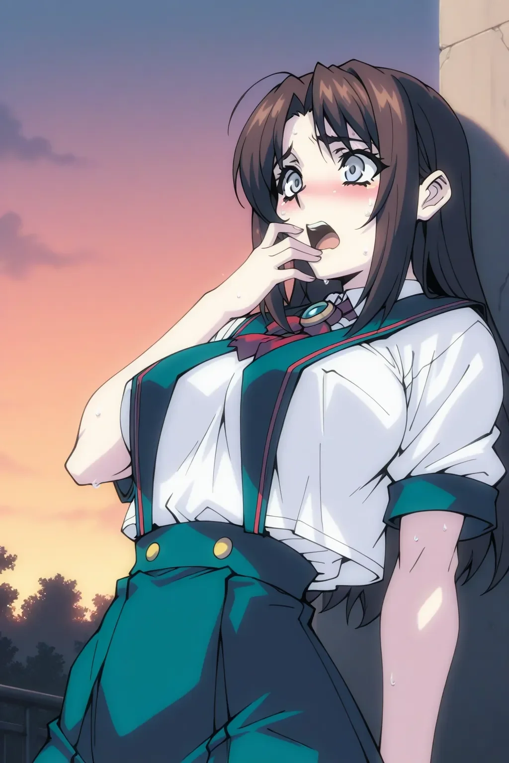<lora:ab_mob1_ilxl-000030:0.9>masterpiece, best quality, ab_mob1_ilxl, 1girl, solo, school uniform, deep grey eyes, cowboy shot, at dusk, outdoors, oobari masami \(style\), scared, hand on mouth, open mouth, upper body, (leaning back:1.2), sweat,