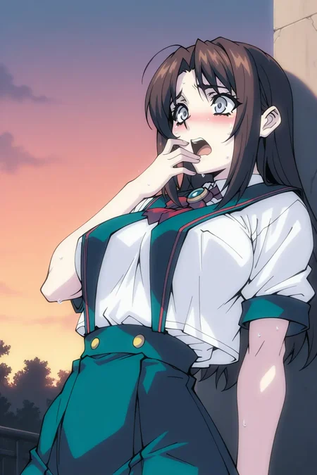 <lora:ab_mob1_ilxl-000030:0.9>masterpiece, best quality, ab_mob1_ilxl, 1girl, solo, school uniform, deep grey eyes, cowboy shot, at dusk, outdoors, oobari masami \(style\), scared, hand on mouth, open mouth, upper body, (leaning back:1.2), sweat,