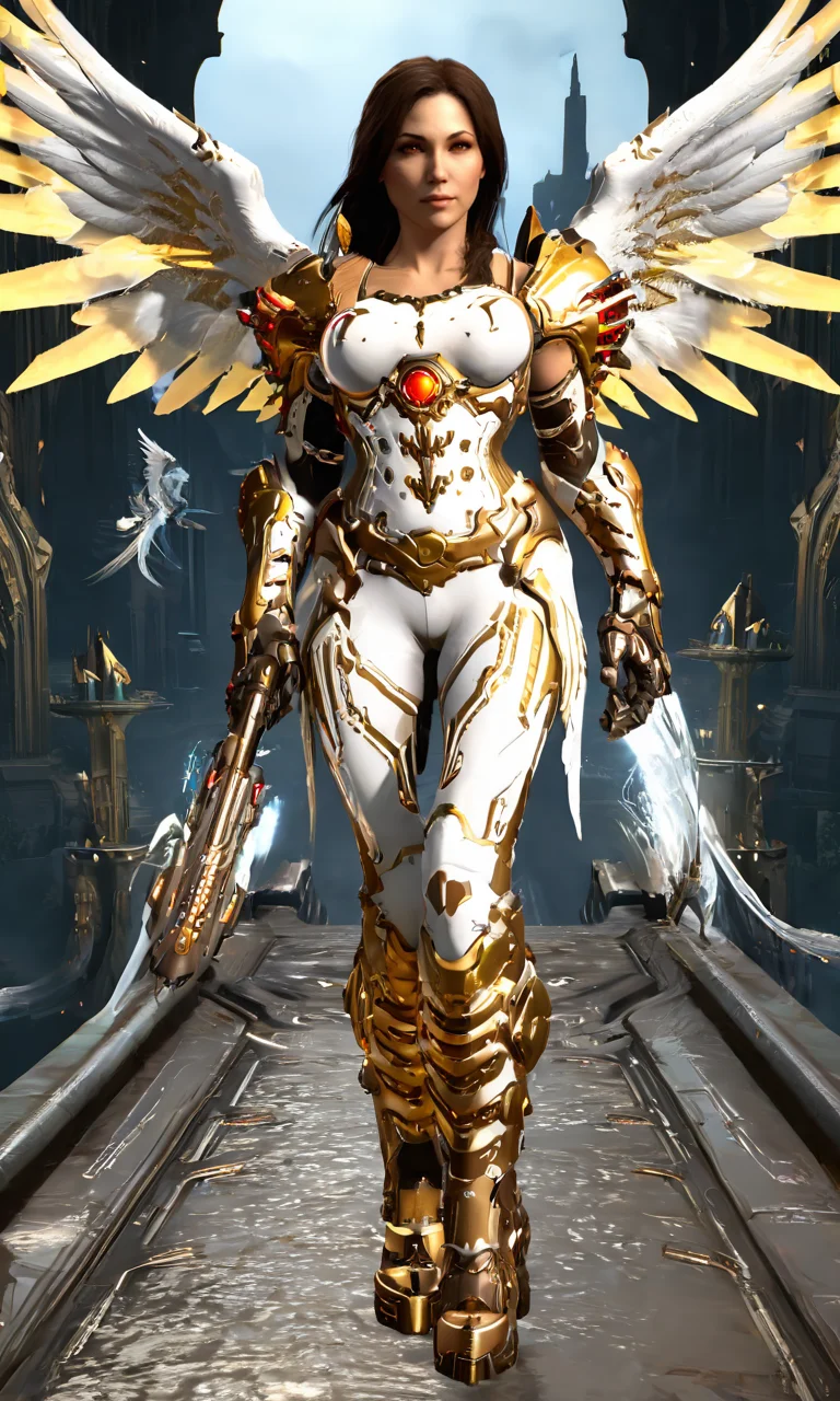 beautiful woman with angel wings, white and gold armor, doomsdxl, best quality, best quality, <lora:doomsdxl:1>, masterpiece, full body, bio-mechanical, on castle bridge, holding weapon,
