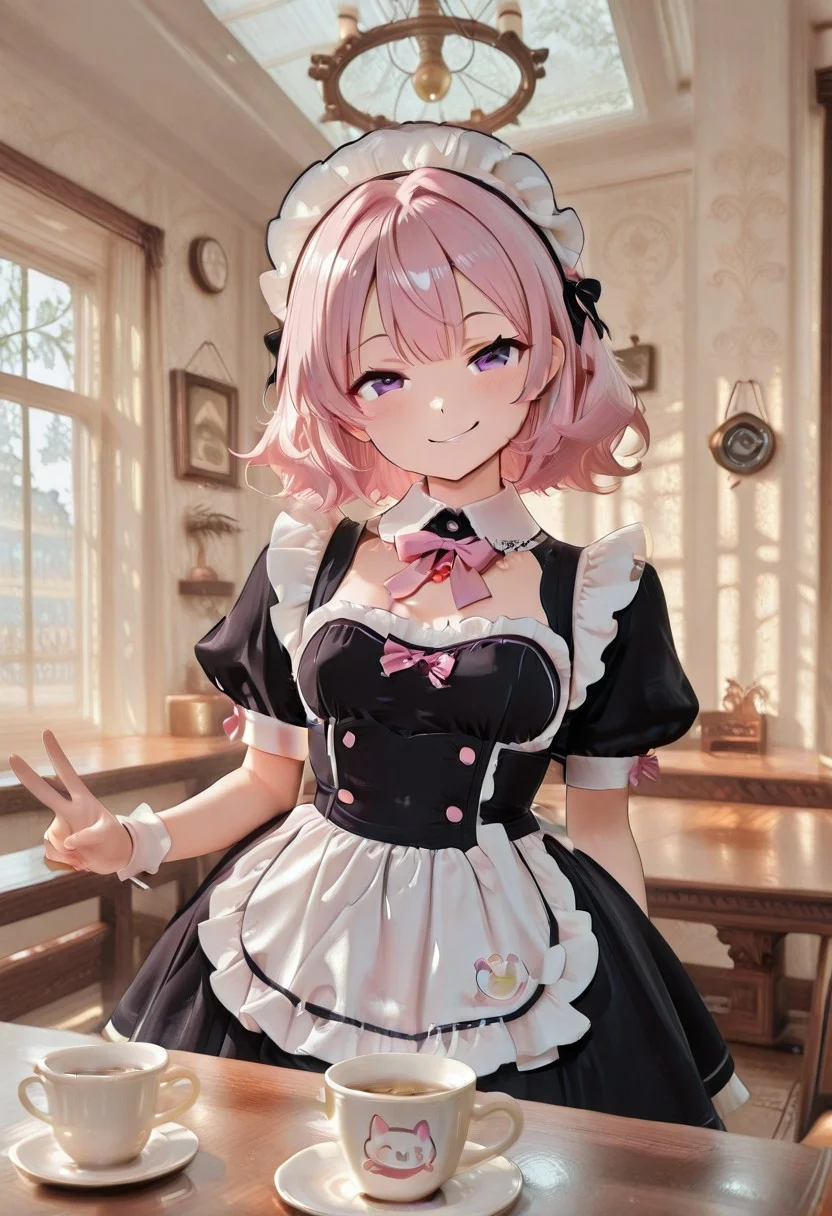 1girl, original,
solo focus,
CivChan, purple eyes, pink hair, anime coloring,
maid dress, pink bow, frills, short sleeves, maid headdress,
(small breasts),
(Onacup, coffee cup, anime girl:1.6),
looking at viewer, peace sign,
smirk,
detailed background, indoors, in cafe,
scenery, dynamic angle,
cup focus,
day, soft lighting, rim light, natural lighting, fluorescent light, (volumetric lighting), cinematic lighting,
general,
best quality, amazing quality, very aesthetic, absurdres, official art, ultra-detailed, 8K, newest,
