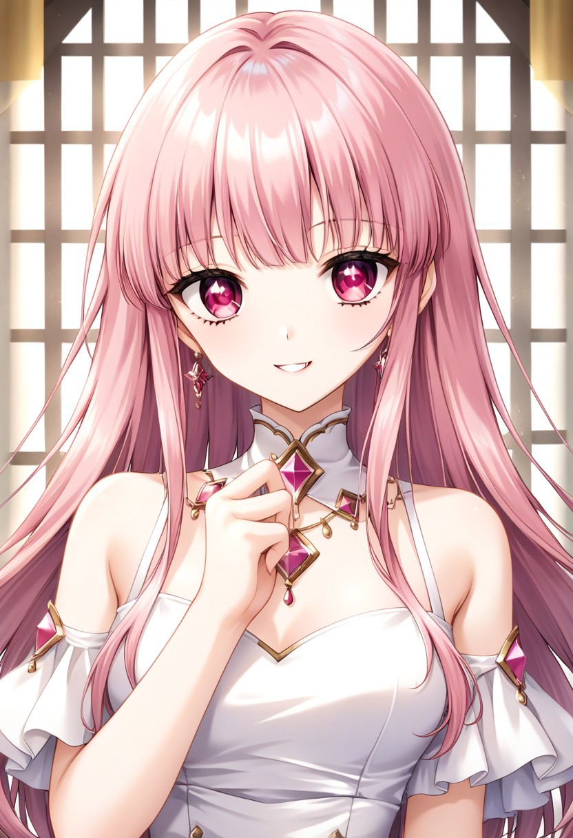 score_9, score_8_up, score_7_up, masterpiece, best quality, beautiful, source_anime, perfect anatomy, looking at viewer, gentle smile, Cecile_Claudel, pink hair, pink eyes, bangs, side bangs, white dress,