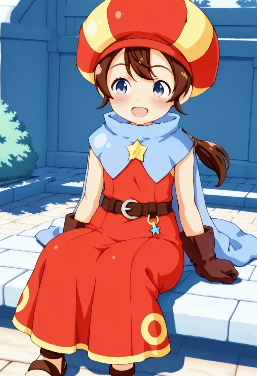 masterpiece,anime_coloring,anime_clothing,amazing_quality,Tokia_DMO, 1girl, solo,gloves, brown hair, ponytail,red yellow hat, star \(symbol\), cape, sleeveless,red dress, long dress,belt, Sandals, close-up face,sitting,open mouth,blush,smile,outdoor,