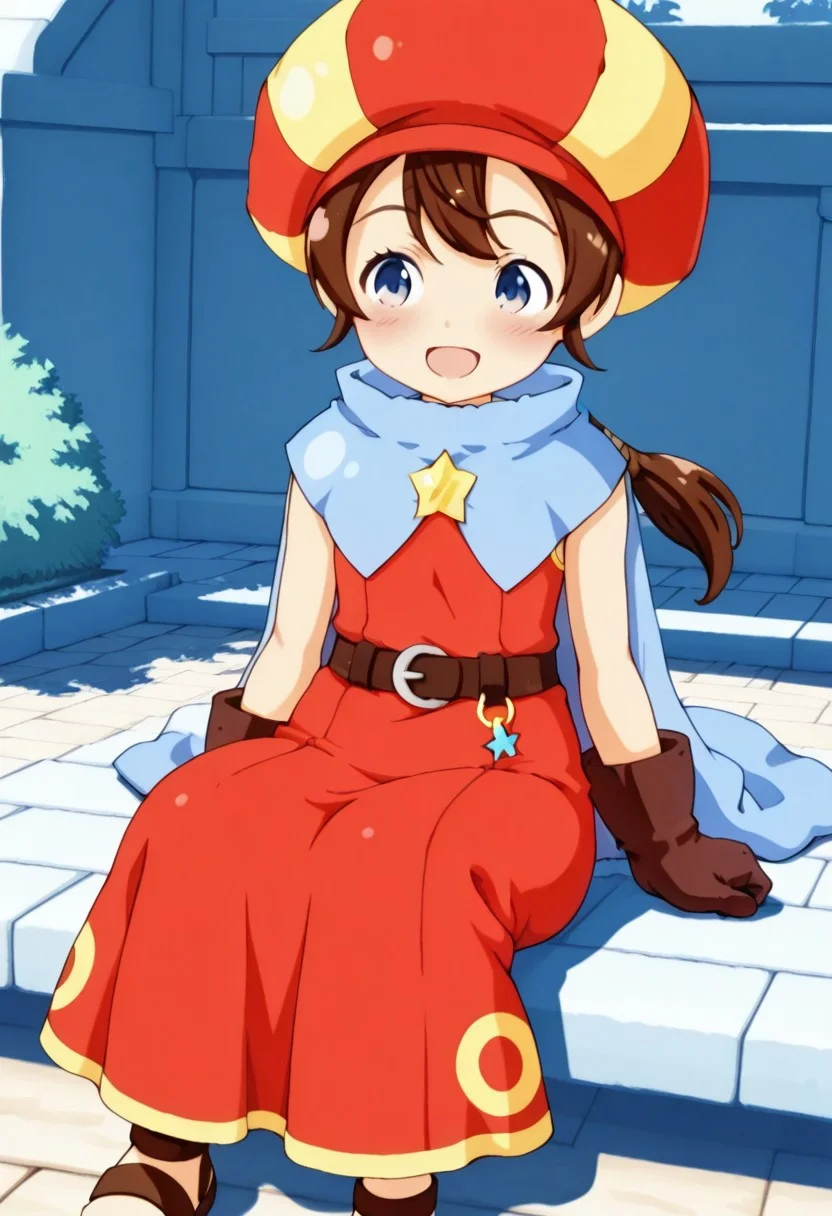masterpiece,anime_coloring,anime_clothing,amazing_quality,Tokia_DMO, 1girl, solo,gloves, brown hair, ponytail,red yellow hat, star \(symbol\), cape, sleeveless,red dress, long dress,belt, Sandals, close-up face,sitting,open mouth,blush,smile,outdoor,
