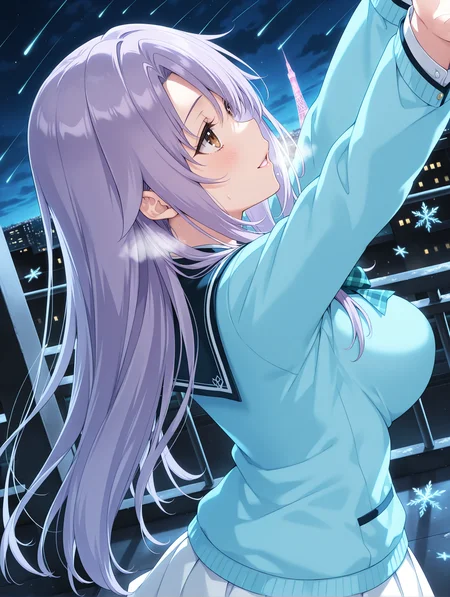 masterpiece,best quality,newest,
1girl,solo,
<lora:n_hime_ilxl_v1.5:1>,hime,brown eyes,purple hair,long hair,h_clothes,school uniform,plaid bow,light blue cardigan,white skirt,black_thighhighs,
<lora:Fixhands_anime_bdsqlsz_V1:1>,
pedestrian deck,standing,profile,:d,smile,parted lips,blush,light_blush,heavy_breathing,looking_up,looking_afar,tower,night,meteor shower,snowflakes,in winter,arms_up,reaching,hair down,