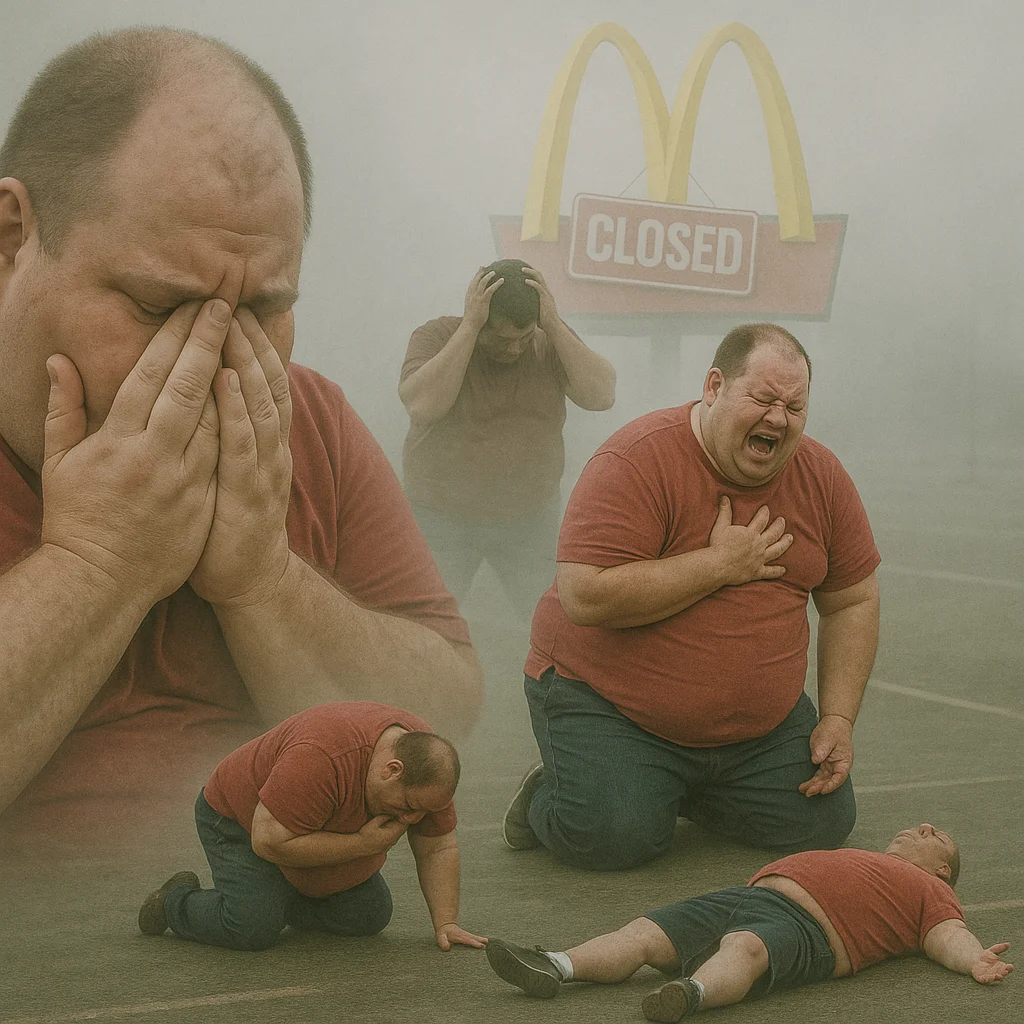 A surreal, exaggerated satire scene in a desaturated, foggy, locationless void. The central figure is a morbidly obese man depicted in multiple ghosted overlays (double exposure style), expressing dramatic emotional breakdown: standing and screaming, kneeling and weeping, collapsing on the ground, and sitting with head in hands. His clothing resembles an American stereotype: stained tank top, cargo shorts, fast food wrappers nearby. Prominently displayed in the background (semi-transparent and layered into the double exposure) is a glowing McDonald’s logo with a large red “CLOSED” sign across it, as if it were a traumatic memory or hallucination. The entire image is highly stylized, mimicking an overly sentimental cinematic montage, with soft blurs, light fog, and a slight vignette. It should feel absurdly tragic, comically overproduced, and heavily satirical. No text overlay, just raw visual satire.