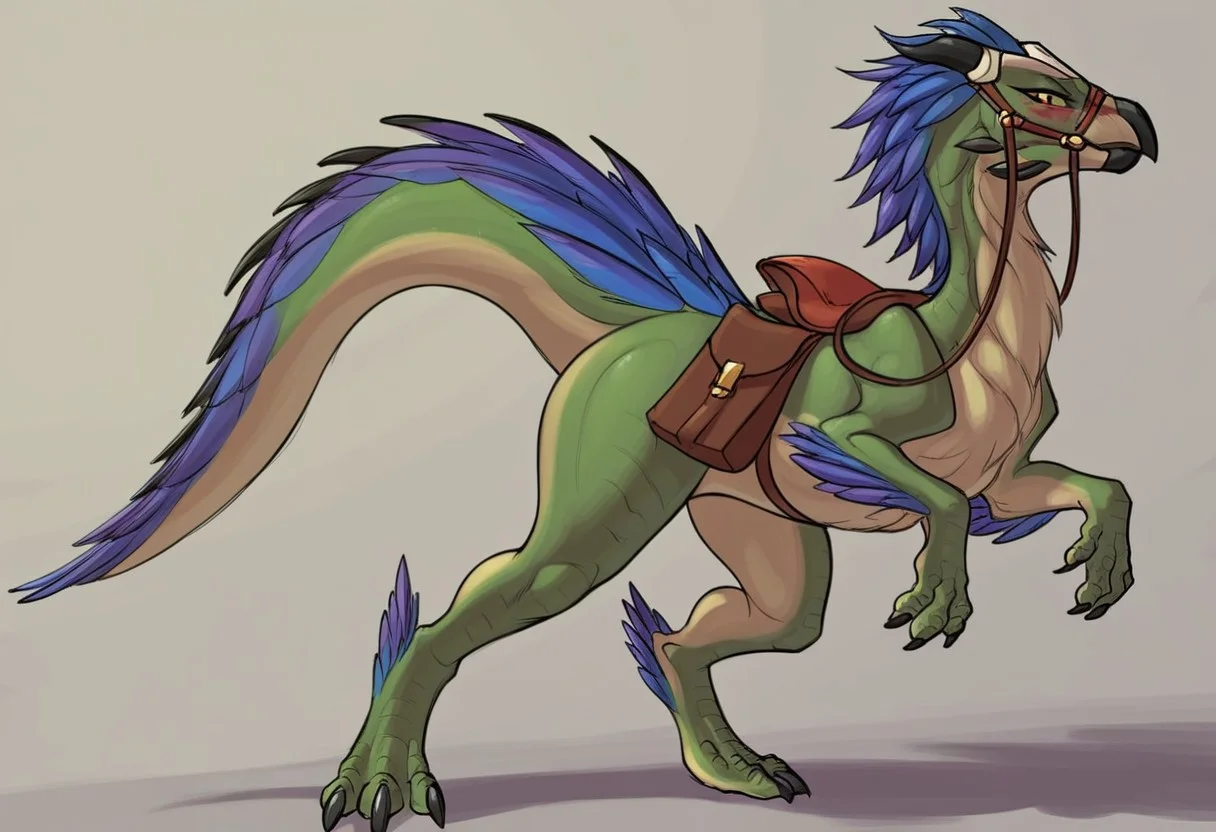 <lora:LDR_Style_v2_PonyXL:0.7> by ldr, ldr, score_9, score_8_up, score_7_up, score_6_up, score_5_up, score_4_up, source_furry, source_cartoon, rating_safe, absurd res, hi res, digital drawing (artwork), digital media (artwork), perfect shadows, perfect lighting, dynamic posing, dynamic expressions, studio, perfect body, solo, feral, non-human, animal, e621 artist, solo
seikret, scalie, feathered scalie, two legged feral, bipedal pose, animal, bridle, saddle, large tail, large butt, wide hips, thick thighs, standing on two legs, sweating, looking at viewer, blushing, <lora:SeikretXL:0.8>, <lora:add-detail-xl:1.5>,
