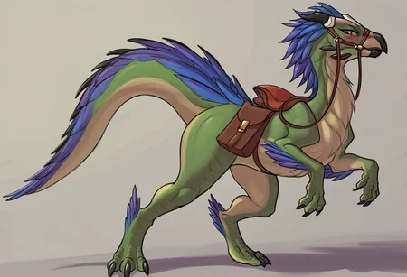 <lora:LDR_Style_v2_PonyXL:0.7> by ldr, ldr, score_9, score_8_up, score_7_up, score_6_up, score_5_up, score_4_up, source_furry, source_cartoon, rating_safe, absurd res, hi res, digital drawing (artwork), digital media (artwork), perfect shadows, perfect lighting, dynamic posing, dynamic expressions, studio, perfect body, solo, feral, non-human, animal, e621 artist, solo 
seikret, scalie, feathered scalie, two legged feral, bipedal pose, animal, bridle, saddle, large tail, large butt, wide hips, thick thighs, standing on two legs, sweating, looking at viewer, blushing, <lora:SeikretXL:0.8>, <lora:add-detail-xl:1.5>,