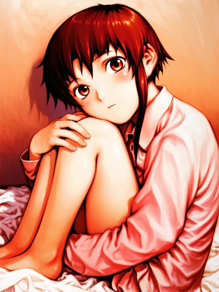 score_9, score_8_up, score_7_up, uncensored, BREAK, 1girl, <lora:yoshitoshi_ABe_Style_PDXLv1.1:1> abe yoshitoshi style, solo, brown hair, brown eyes, blush, looking at viewer, iwakura lain, cute, on back, bed sheet, <lora:knees-to-chest-ponyxl-lora-nochekaiser:1> knees to chest, breast press, sitting, knees up, hugging own legs,