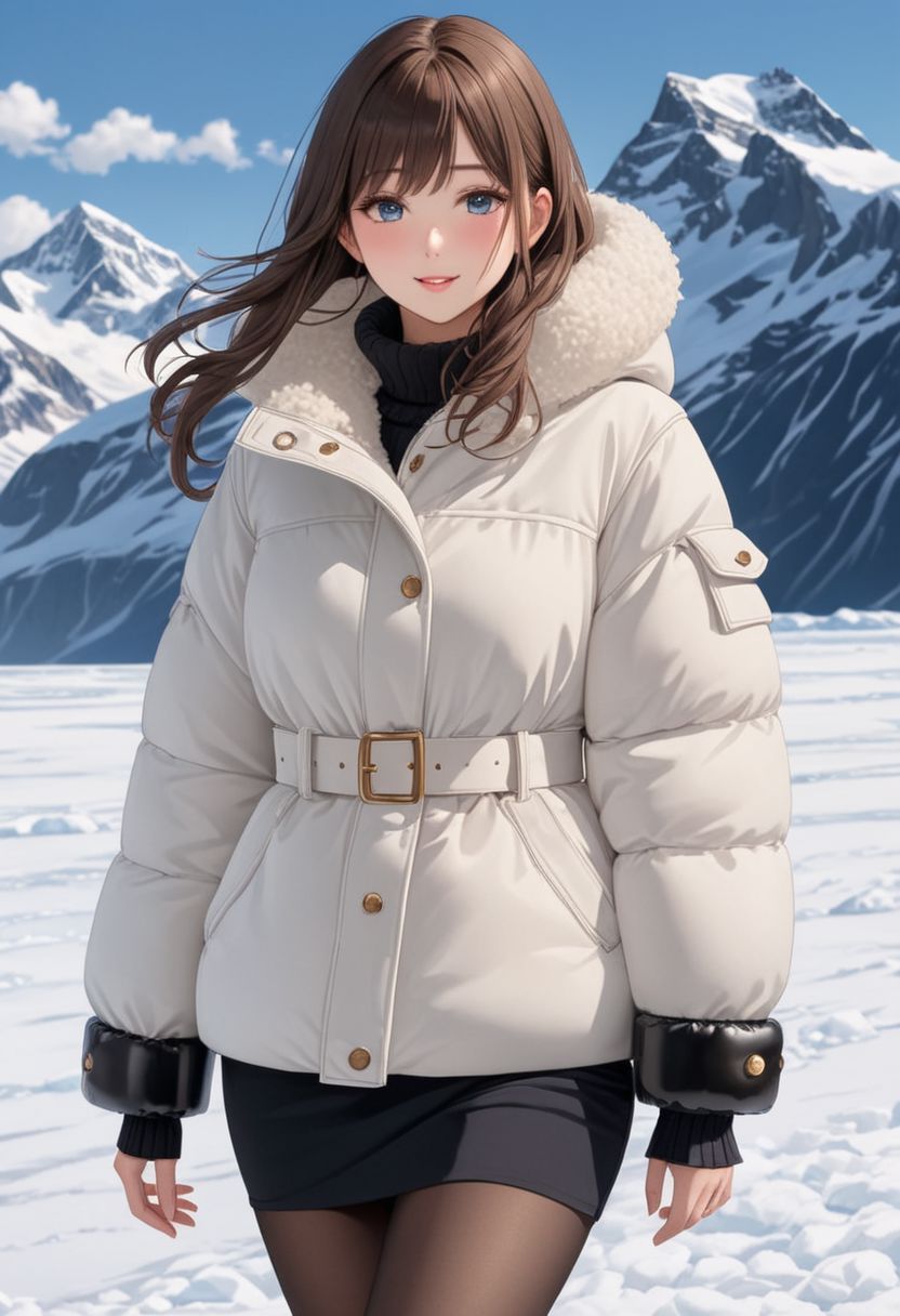 ((((white Oversized shearling down jacket)))), ((((white Oversized shearling puffer jacket)))), ((((white Oversized shearling winter clothes)))), ((((very very cold, in cold)))), ((((semi-realistic)))), ((((puffer hood)))), ((medium knee office skirt, pantyhose, boots)), ((((full body shot)))), ((sharp eyelid, eyeliner, eyelashes, beautiful detailed eyes, tsurime, long messy brown hair, blue eyes, perfect anatomy)), detailed fingers, solo, smile, standing, icefield, ((((masterpiece)))), ((((best quality)))), ((intricate details)), RAW, 8K UHD, (1girl), office lady, detailed face, beautiful face, charming, bonny, (((blush))), (((heavy breathing))), (((feels orgasm))), wind, (Thick padded collar:1.4), (TSH:1.4), (Thick padded cuffs:1.4)