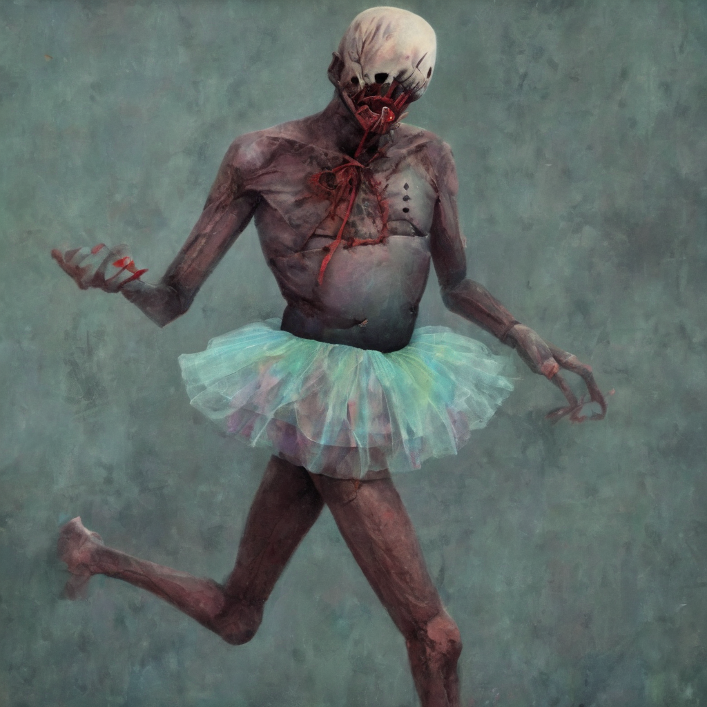 <lora:b3ks1n:1>b3ks1n r14nb dead man with a sewn mouth wearing a tutu