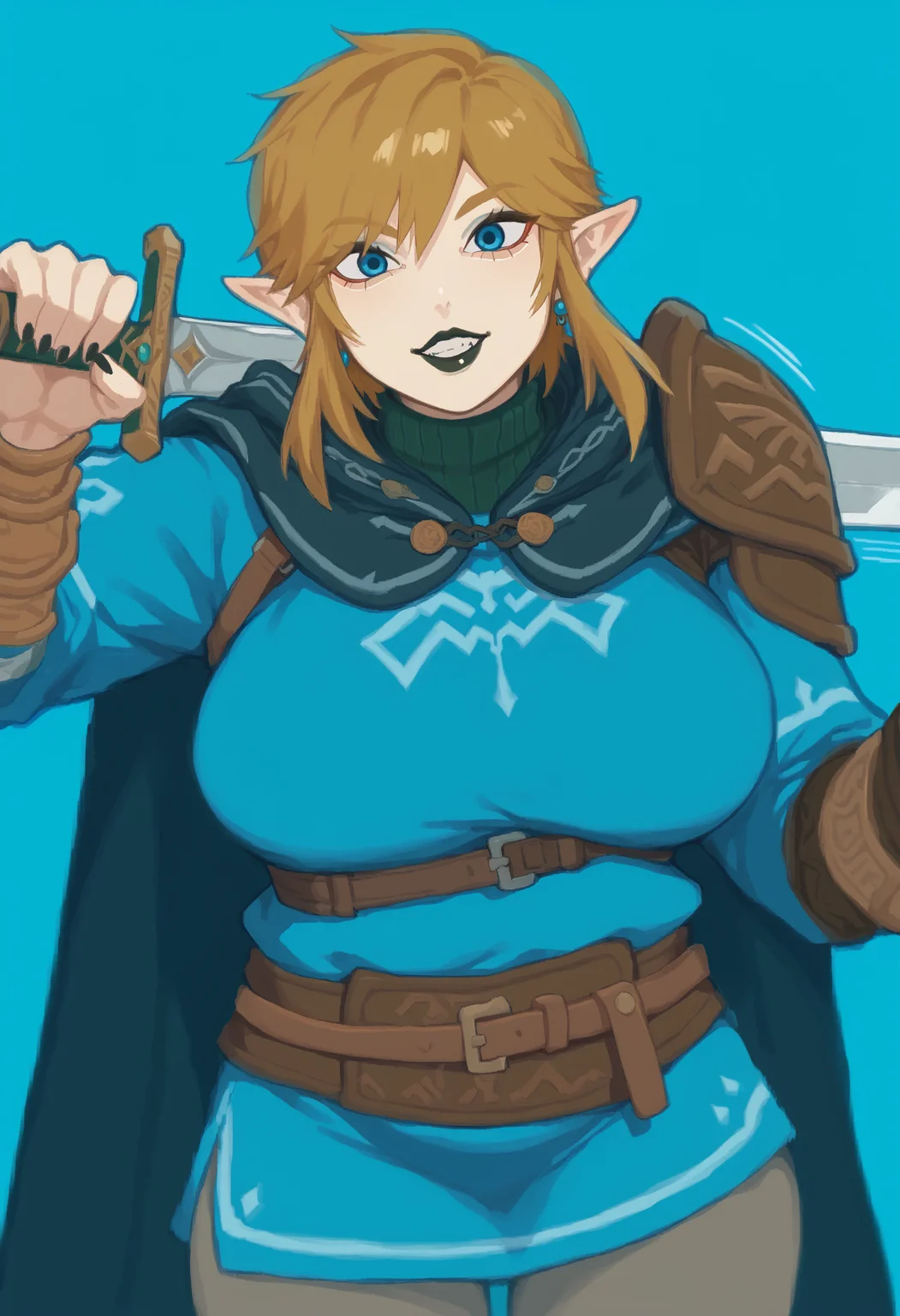 source_anime,score_9, score_8_up,score_7_up, masterpiece, 1girl, totklink, mature female, blue eyes, black lipstick, makeup, eyeshadow,
grin, colored background,
green turtleneck, blue tunic, dark blue cape, huge breasts,
Standing, chubby, dynamic pose, sword, holding sword, swinging sword, motion lines,
<lora:Link_Legend_of_Zelda_Tears_of_the_Kingdom_r1:0.8> <lora:Sailen_Style:1>