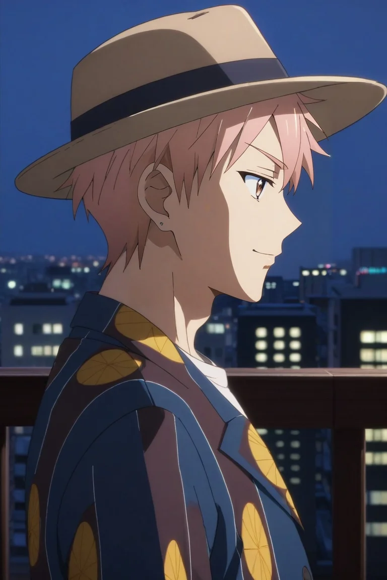 score_9, score_8_up, score_7_up, source_anime, rating_safe, , anime screencap, , , looking at viewer, , 1boy, solo, male focus, <lora:shion_asuma_pony:0.96>, shion_asuma, pink hair, brown eyes, short hair, profile, city, city lights, midnight, w arms, half-closed eyes, smile, cargo pants, fedora, <lora:sdxl_lightning_8step_lora:1>