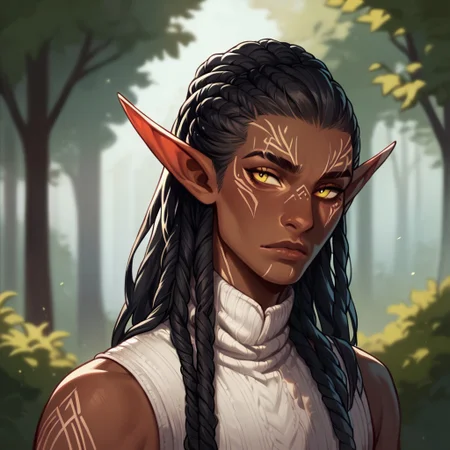 (((detailed, beautiful, high quality))), score_9, score_8_up, score_7_up, upper body, 
elf, pointed ears, 
1 male, black hair, long hair, dreadlocks, yellow eyes, dark skin, white sleeveless sweater, white elven tattoos,
looking at the viewer, posing, 
blurred background, fantasy background,