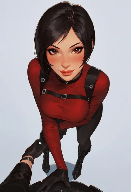score_9, score_8_up, score_7_up, score_6_up, anime, Ada wong, short black hair, straight hair, white skin, brown eyes, sexy face, sexy, cute face, smile, perfect eyes, blush on nose, pov, slim, full lips, sexy pose, hips, thick thighs, standing, ass shot, white background, tight red dress with long sleeves, black tactical harness, black gloves, high leather boots with heels, short black hair, straight hair, white skin, brown eyes
