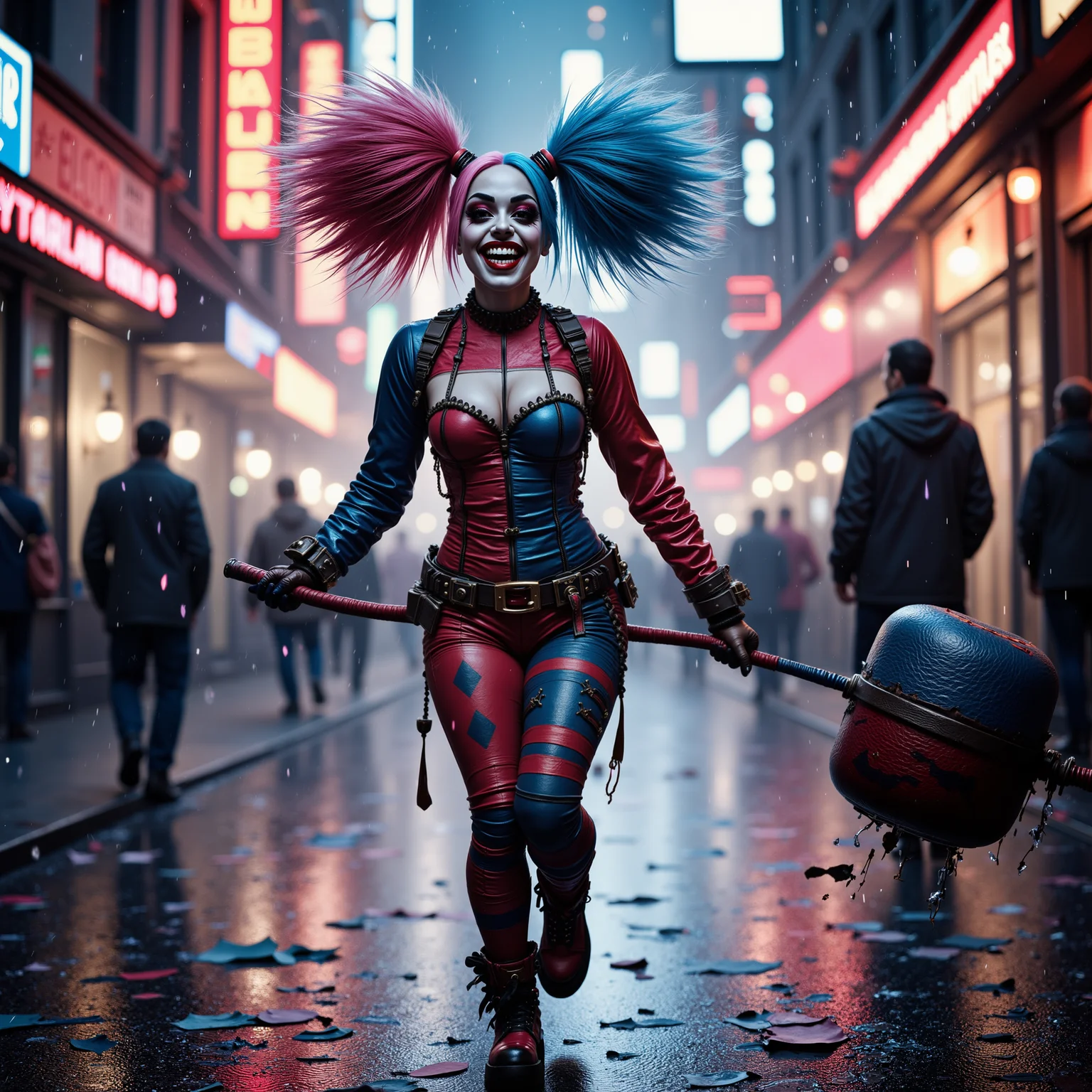 Under the flickering neon lights of Gotham City, Harley Quinn, with her iconic pigtails dyed in red and blue and her mischievous grin, skipped along a rain-slicked alleyway, twirling her giant mallet as confetti cannons burst around her, leaving a trail of chaos and laughter in her wake.