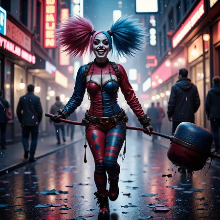 Under the flickering neon lights of Gotham City, Harley Quinn, with her iconic pigtails dyed in red and blue and her mischievous grin, skipped along a rain-slicked alleyway, twirling her giant mallet as confetti cannons burst around her, leaving a trail of chaos and laughter in her wake.